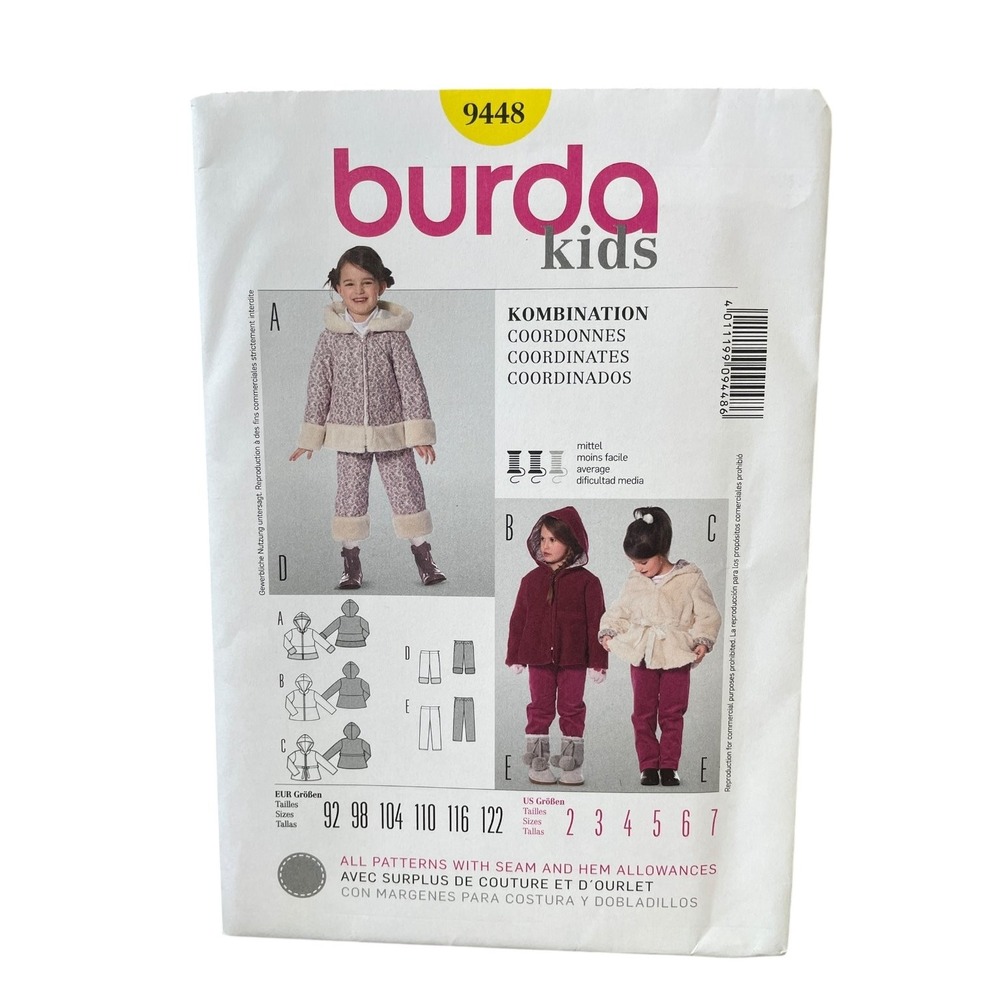 Burda Sewing Pattern Kids 2-7 9448 Coat Pants Hooded Belted Faux Fur Uncut FF